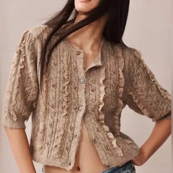 Maeve Embellished Tan Ruffle Button Cardigan - Picture 1 of 8